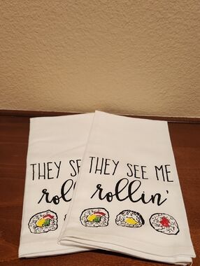 Set of 2 Fun Sushi Kitchen Tea Towels - They See Me Rollin'